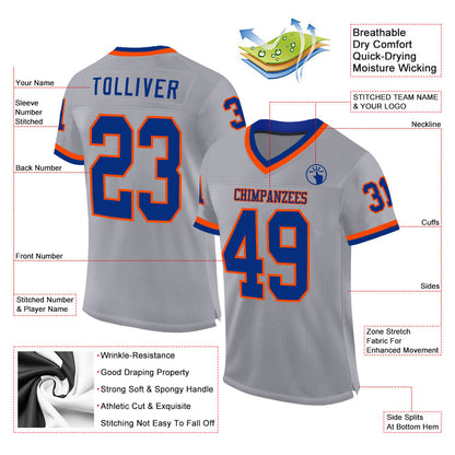 Custom Gray Royal-Orange Mesh Authentic Throwback Football Jersey - Sky-Custom