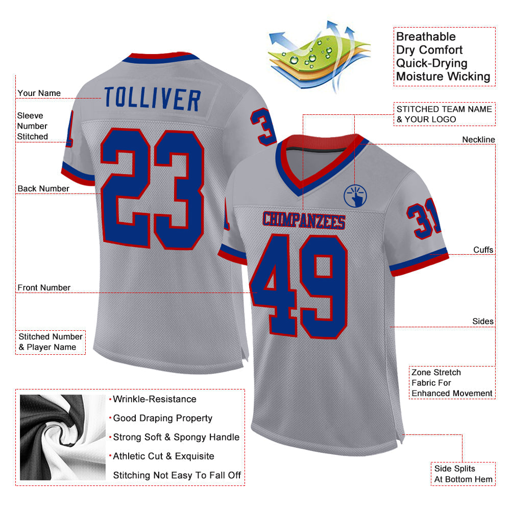 Custom Gray Royal-Red Mesh Authentic Throwback Football Jersey - Sky-Custom