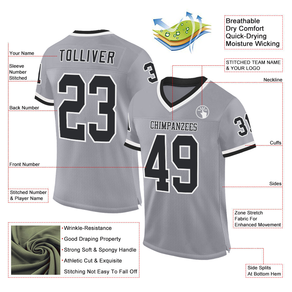 Custom Gray Black-White Mesh Authentic Throwback Football Jersey - Sky-Custom