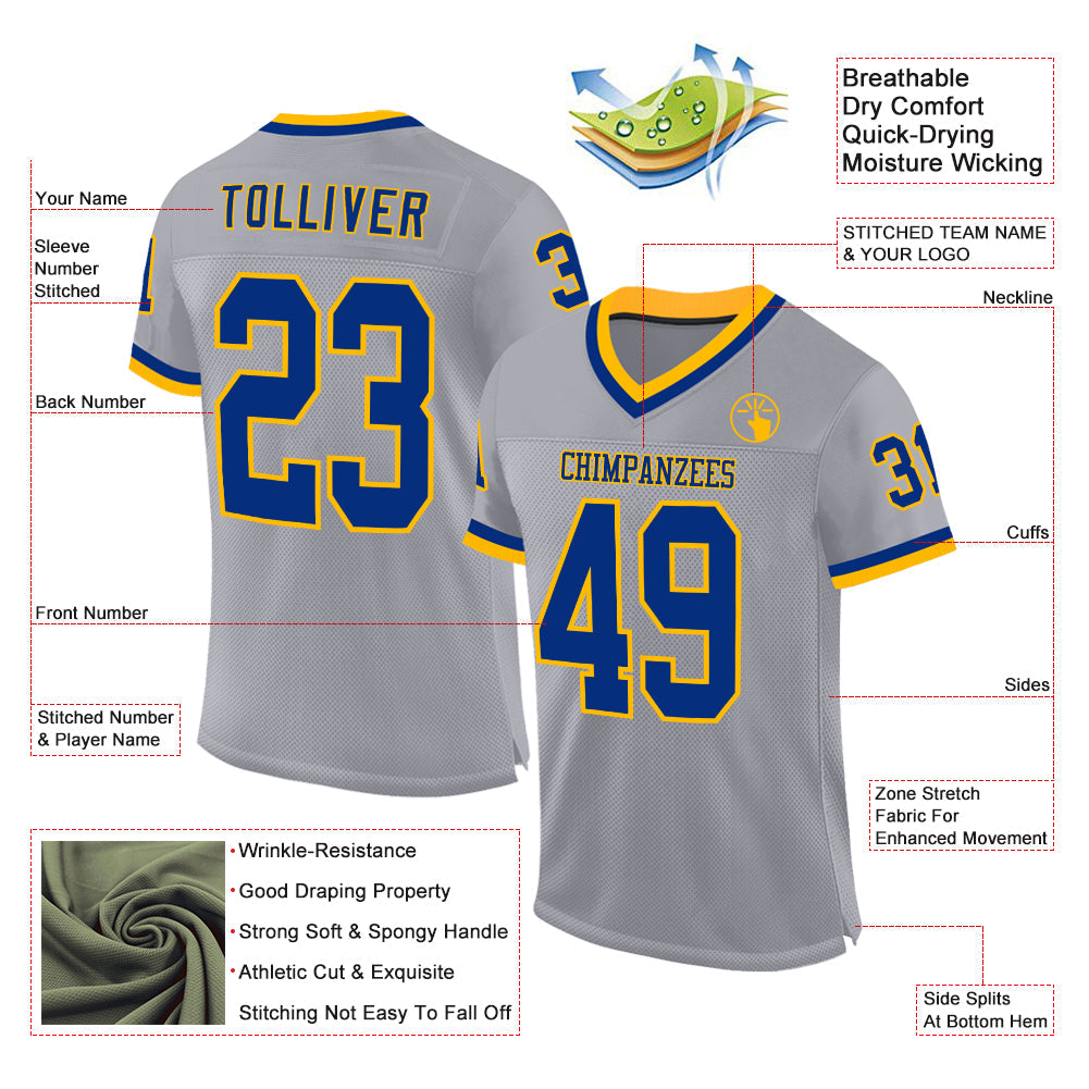 Custom Gray Royal-Gold Mesh Authentic Throwback Football Jersey - Sky-Custom