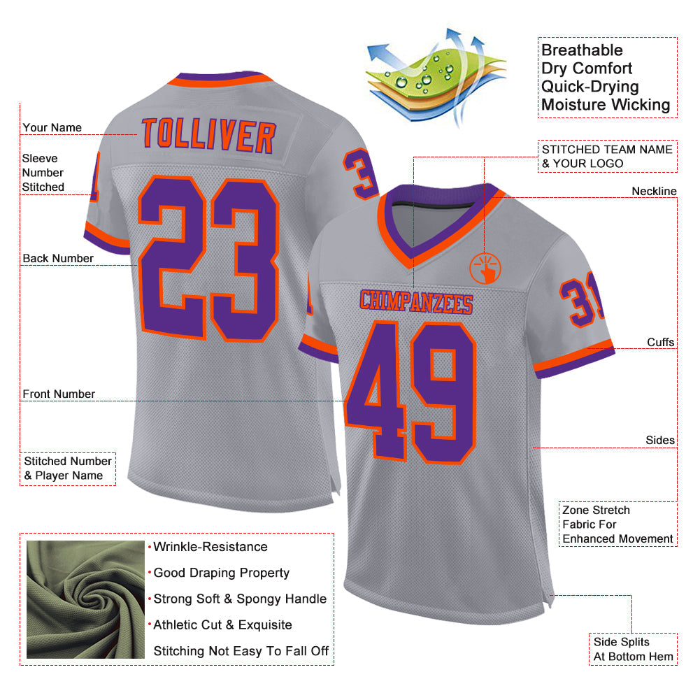 Custom Gray Purple-Orange Mesh Authentic Throwback Football Jersey - Sky-Custom