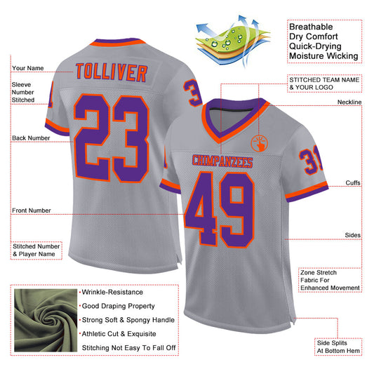 Custom Gray Purple-Orange Mesh Authentic Throwback Football Jersey - Sky-Custom