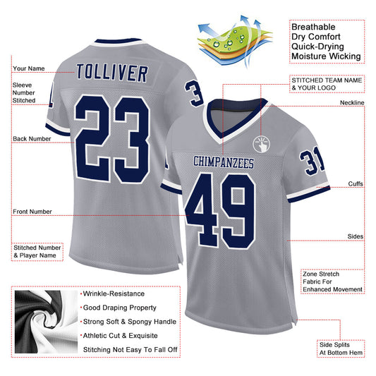 Custom Gray Navy-White Mesh Authentic Throwback Football Jersey - Sky-Custom
