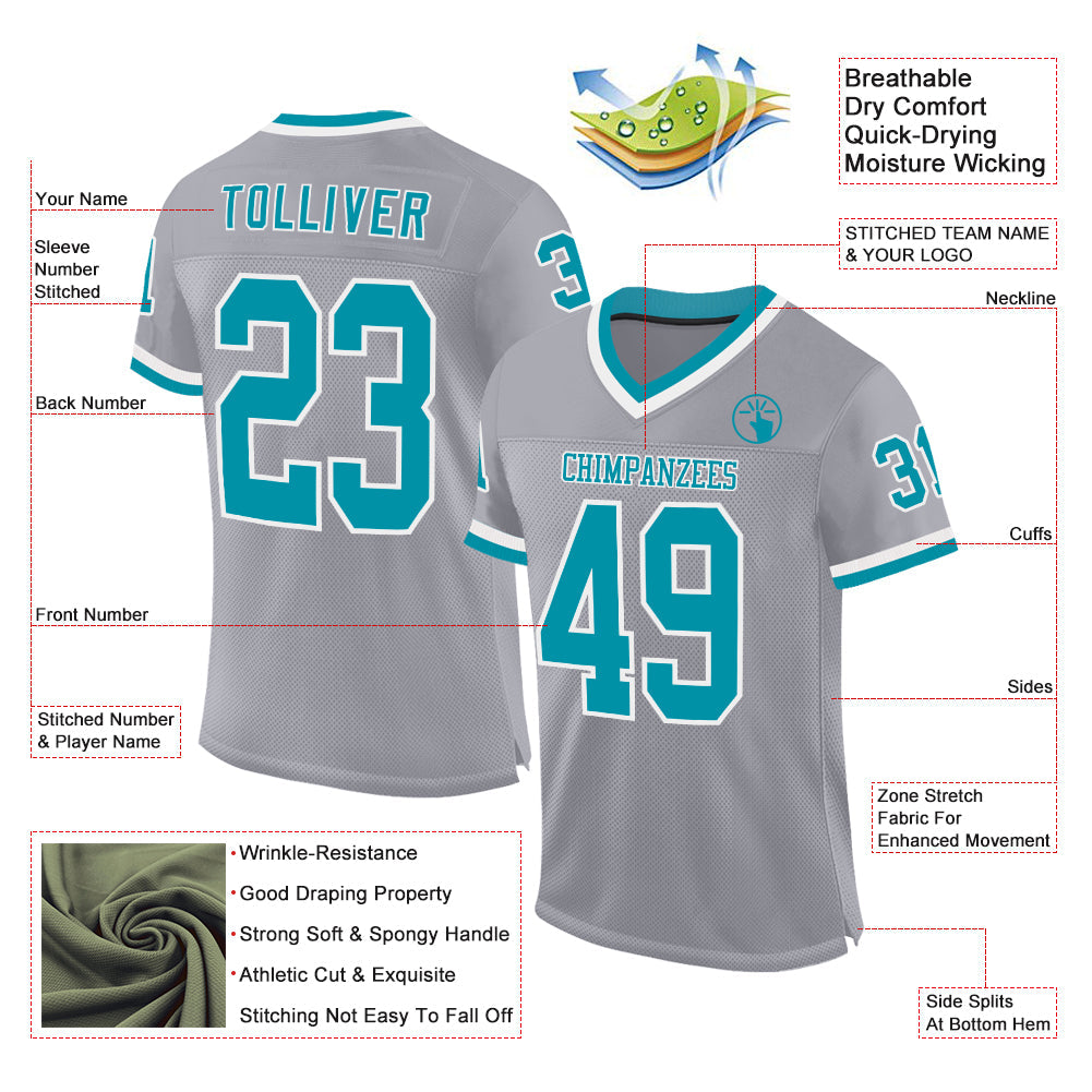 Custom Gray Teal-White Mesh Authentic Throwback Football Jersey - Sky-Custom