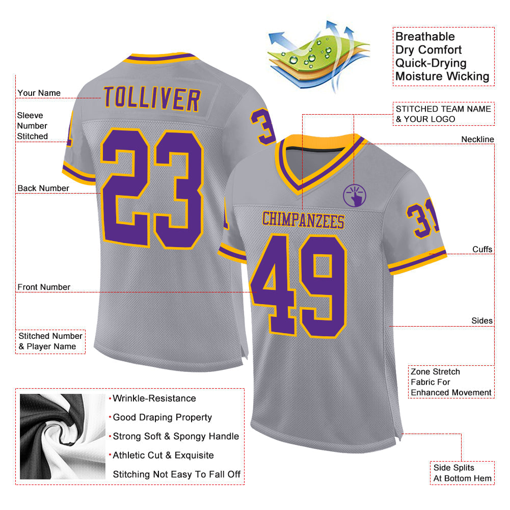 Custom Gray Purple-Gold Mesh Authentic Throwback Football Jersey - Sky-Custom