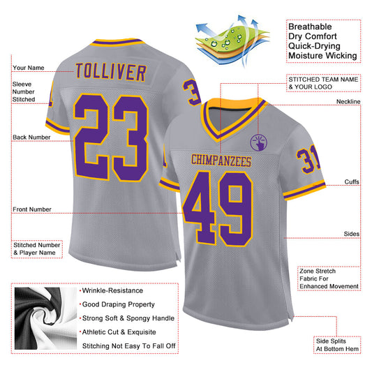 Custom Gray Purple-Gold Mesh Authentic Throwback Football Jersey - Sky-Custom