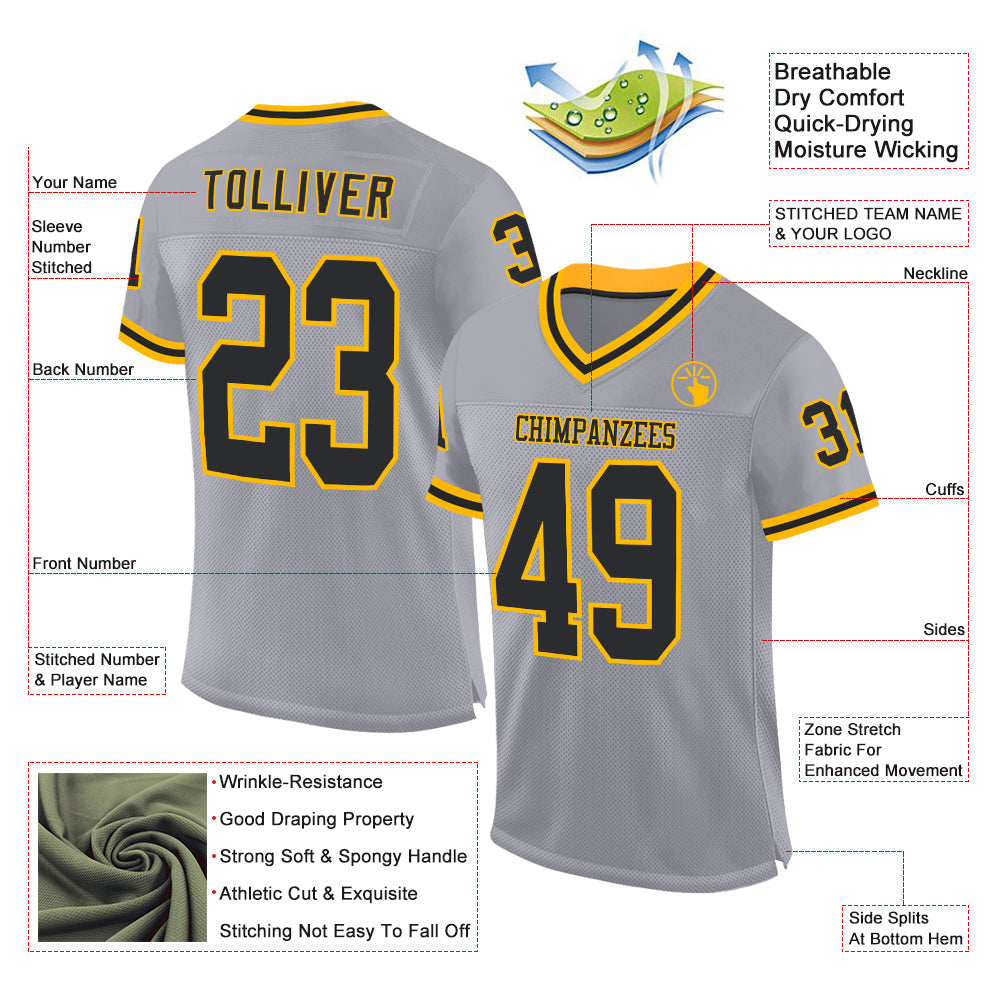 Custom Gray Black-Gold Mesh Authentic Throwback Football Jersey - Sky-Custom