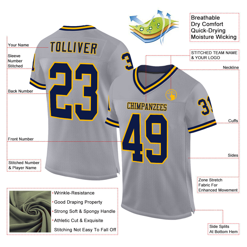 Custom Gray Navy-Gold Mesh Authentic Throwback Football Jersey - Sky-Custom