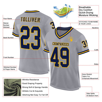 Custom Gray Navy-Gold Mesh Authentic Throwback Football Jersey - Sky-Custom