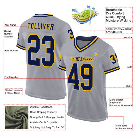 Custom Gray Navy-Gold Mesh Authentic Throwback Football Jersey - Sky-Custom