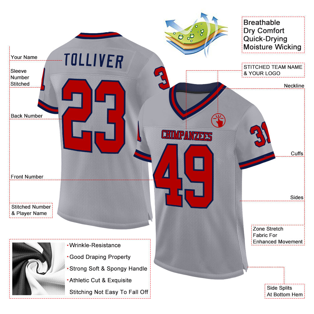 Custom Gray Red-Navy Mesh Authentic Throwback Football Jersey - Sky-Custom