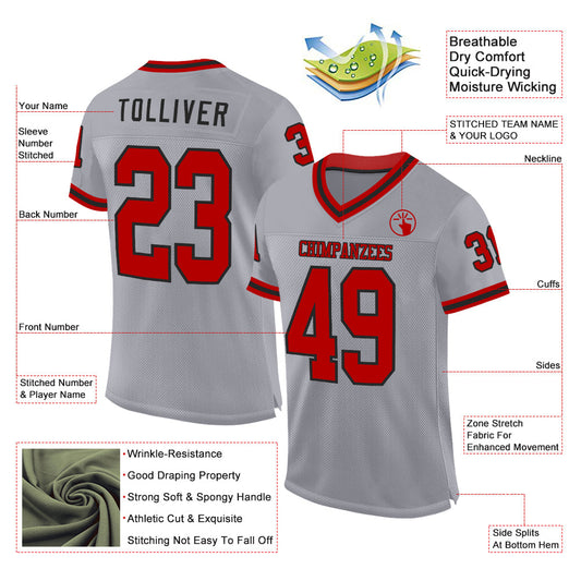 Custom Gray Red-Black Mesh Authentic Throwback Football Jersey - Sky-Custom