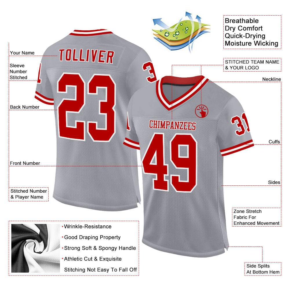 Custom Gray Red-White Mesh Authentic Throwback Football Jersey - Sky-Custom