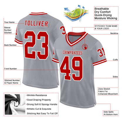 Custom Gray Red-White Mesh Authentic Throwback Football Jersey - Sky-Custom