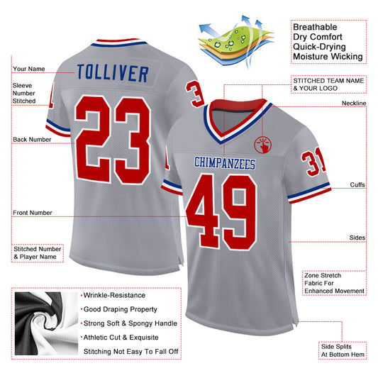 Custom Gray Red-Royal Mesh Authentic Throwback Football Jersey - Sky-Custom