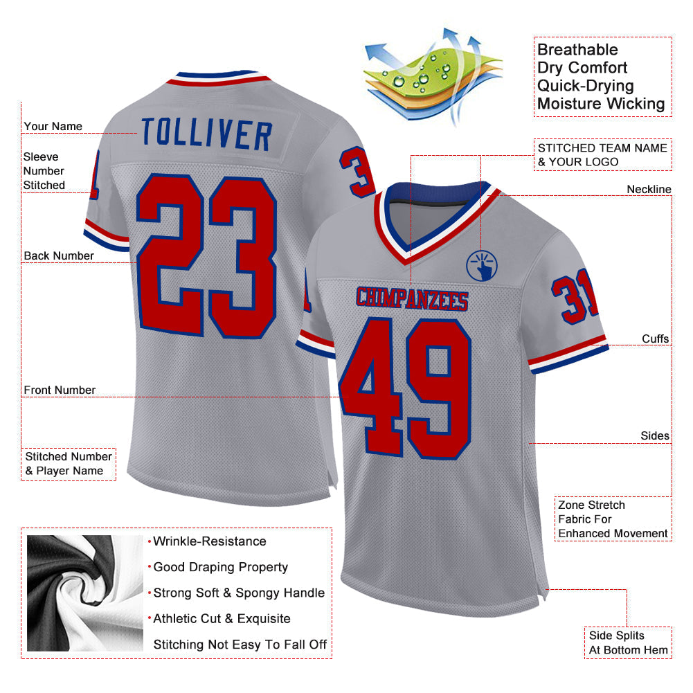 Custom Gray Red-Royal Mesh Authentic Throwback Football Jersey - Sky-Custom