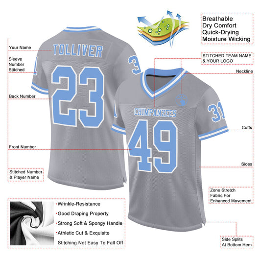 Custom Gray Light Blue-White Mesh Authentic Throwback Football Jersey - Sky-Custom