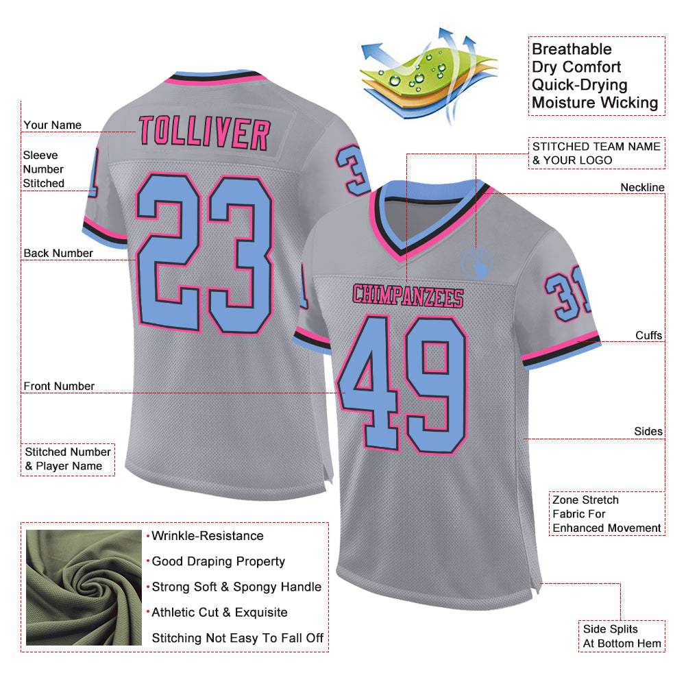Custom Gray Light Blue Black-Pink Mesh Authentic Throwback Football Jersey - Sky-Custom