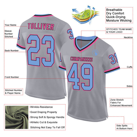 Custom Gray Light Blue Black-Pink Mesh Authentic Throwback Football Jersey - Sky-Custom