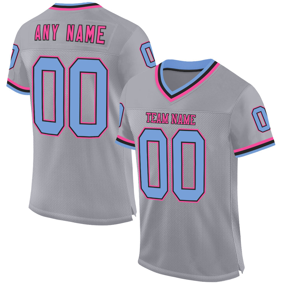 Custom Gray Light Blue Black-Pink Mesh Authentic Throwback Football Jersey - Sky-Custom