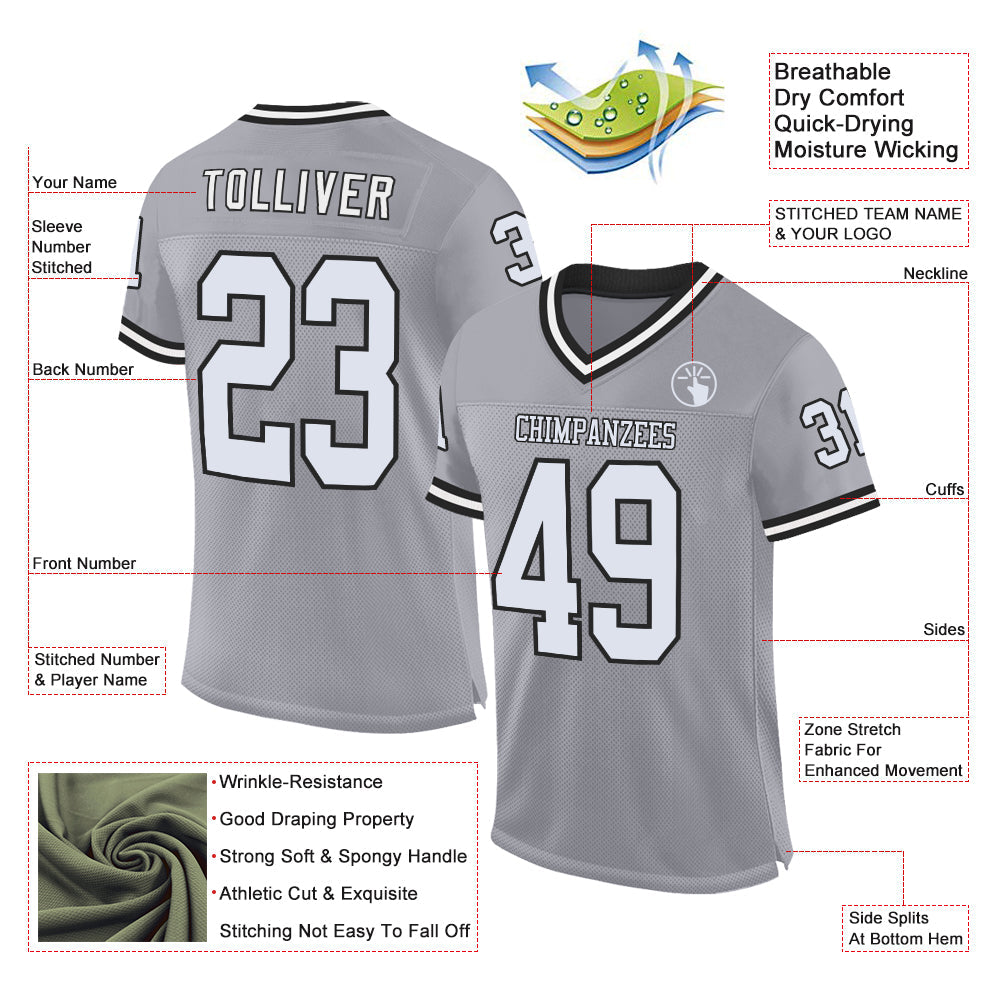 Custom Gray White-Black Mesh Authentic Throwback Football Jersey - Sky-Custom