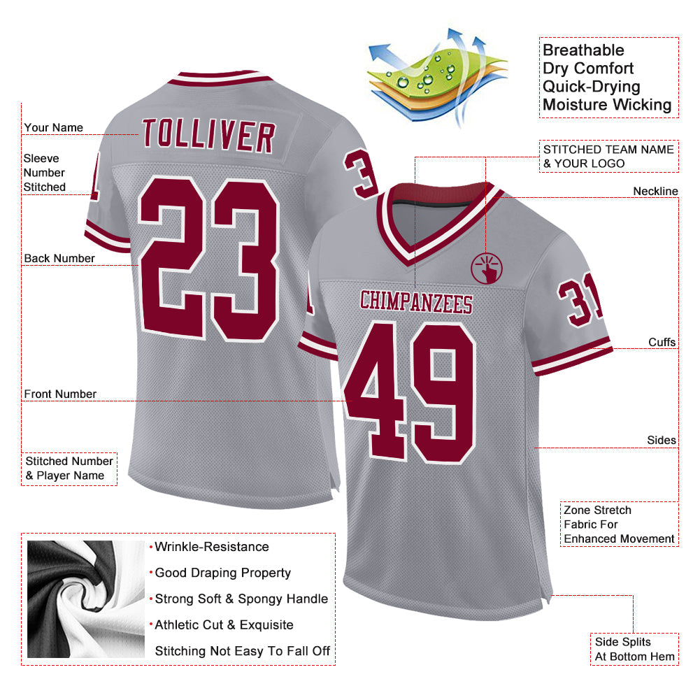 Custom Gray Maroon-White Mesh Authentic Throwback Football Jersey - Sky-Custom