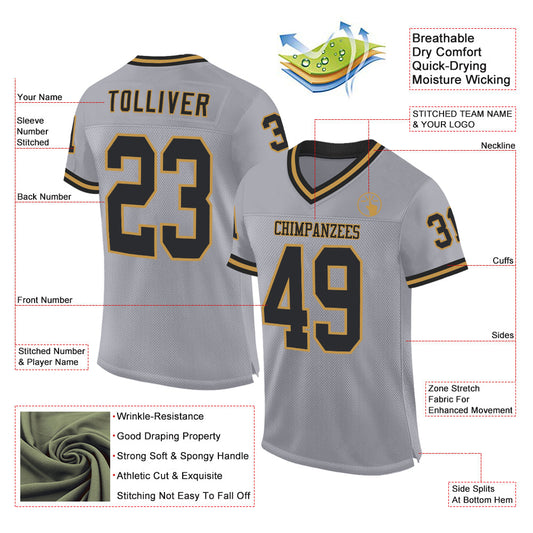 Custom Gray Black-Old Gold Mesh Authentic Throwback Football Jersey - Sky-Custom