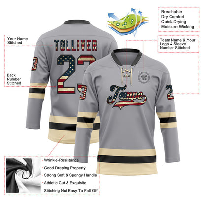 Custom Gray Vintage USA Flag Black-Cream Hockey Lace Neck Jersey - Sky-Custom