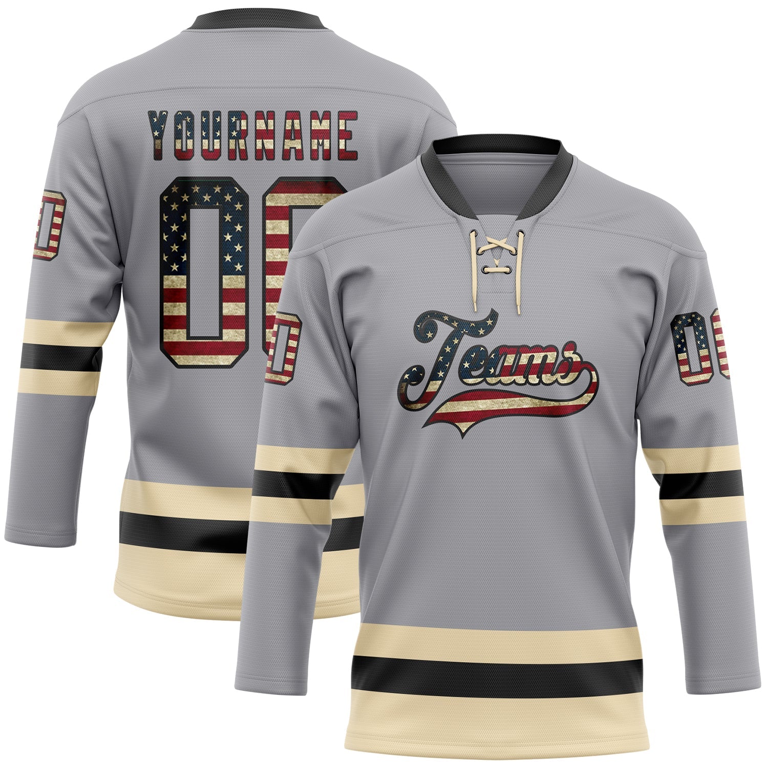 Custom Gray Vintage USA Flag Black-Cream Hockey Lace Neck Jersey - Sky-Custom