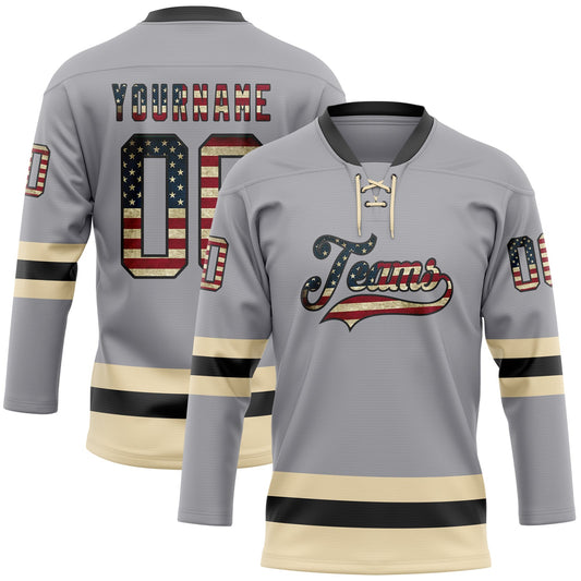 Custom Gray Vintage USA Flag Black-Cream Hockey Lace Neck Jersey - Sky-Custom