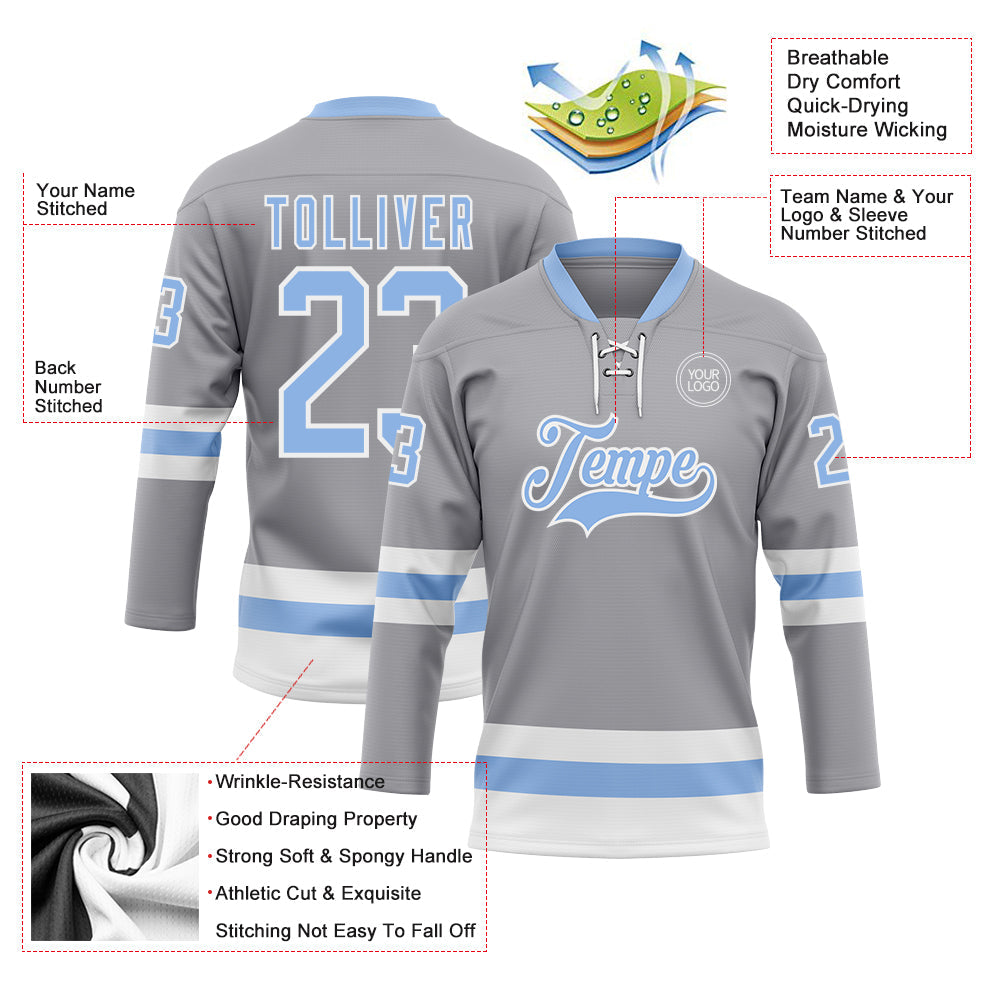 Custom Gray Light Blue-White Hockey Lace Neck Jersey - Sky-Custom