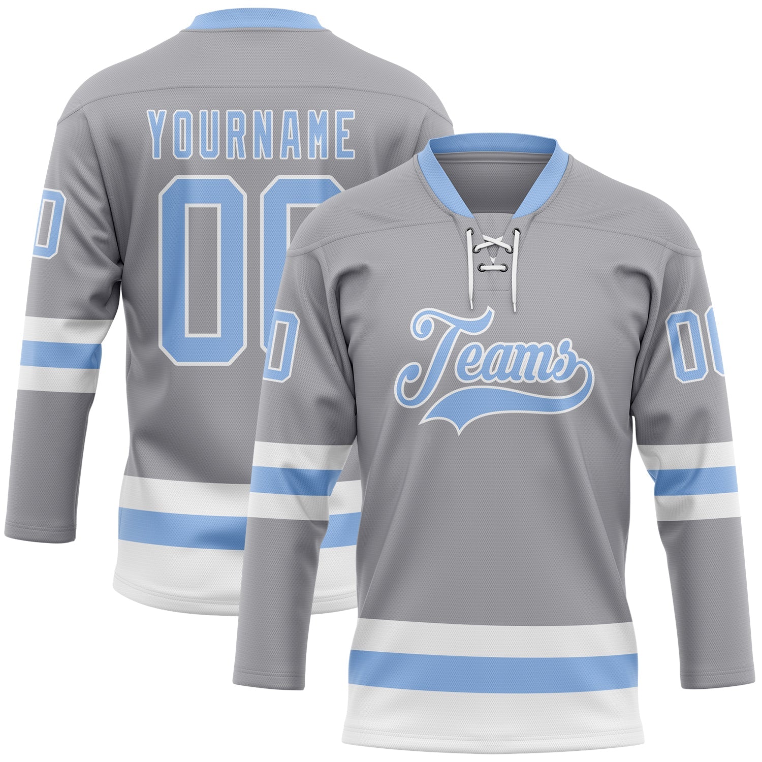 Custom Gray Light Blue-White Hockey Lace Neck Jersey - Sky-Custom