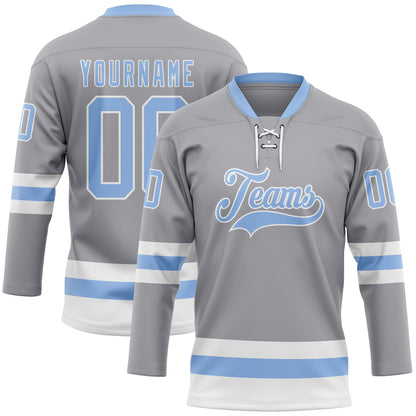 Custom Gray Light Blue-White Hockey Lace Neck Jersey - Sky-Custom