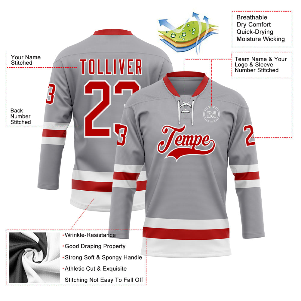 Custom Gray Red-White Hockey Lace Neck Jersey - Sky-Custom