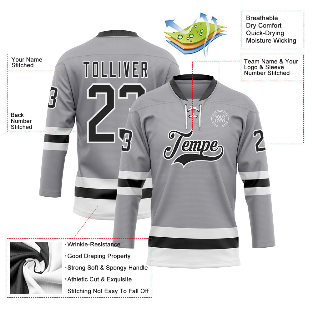 Custom Gray Black-White Hockey Lace Neck Jersey - Sky-Custom