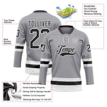 Custom Gray Black-White Hockey Lace Neck Jersey - Sky-Custom