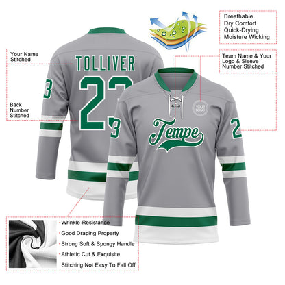 Custom Gray Kelly Green-White Hockey Lace Neck Jersey - Sky-Custom