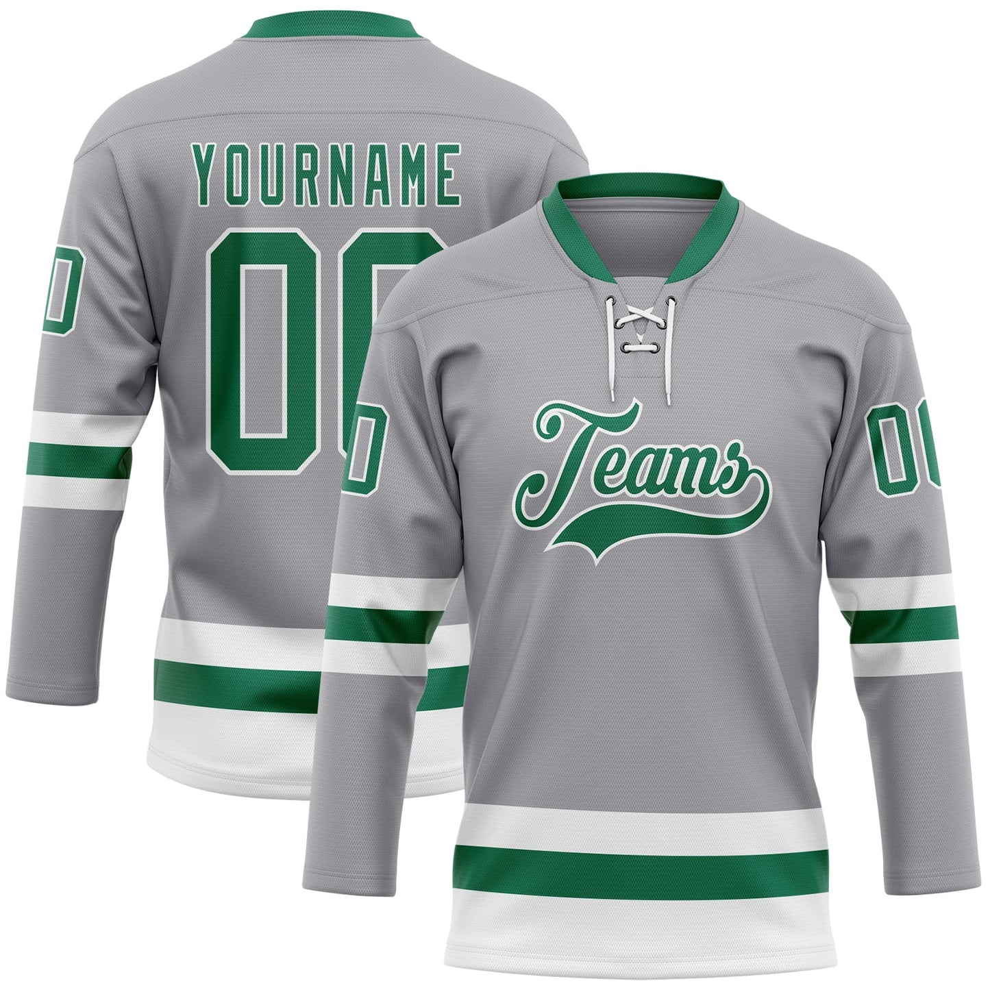 Custom Gray Kelly Green-White Hockey Lace Neck Jersey - Sky-Custom