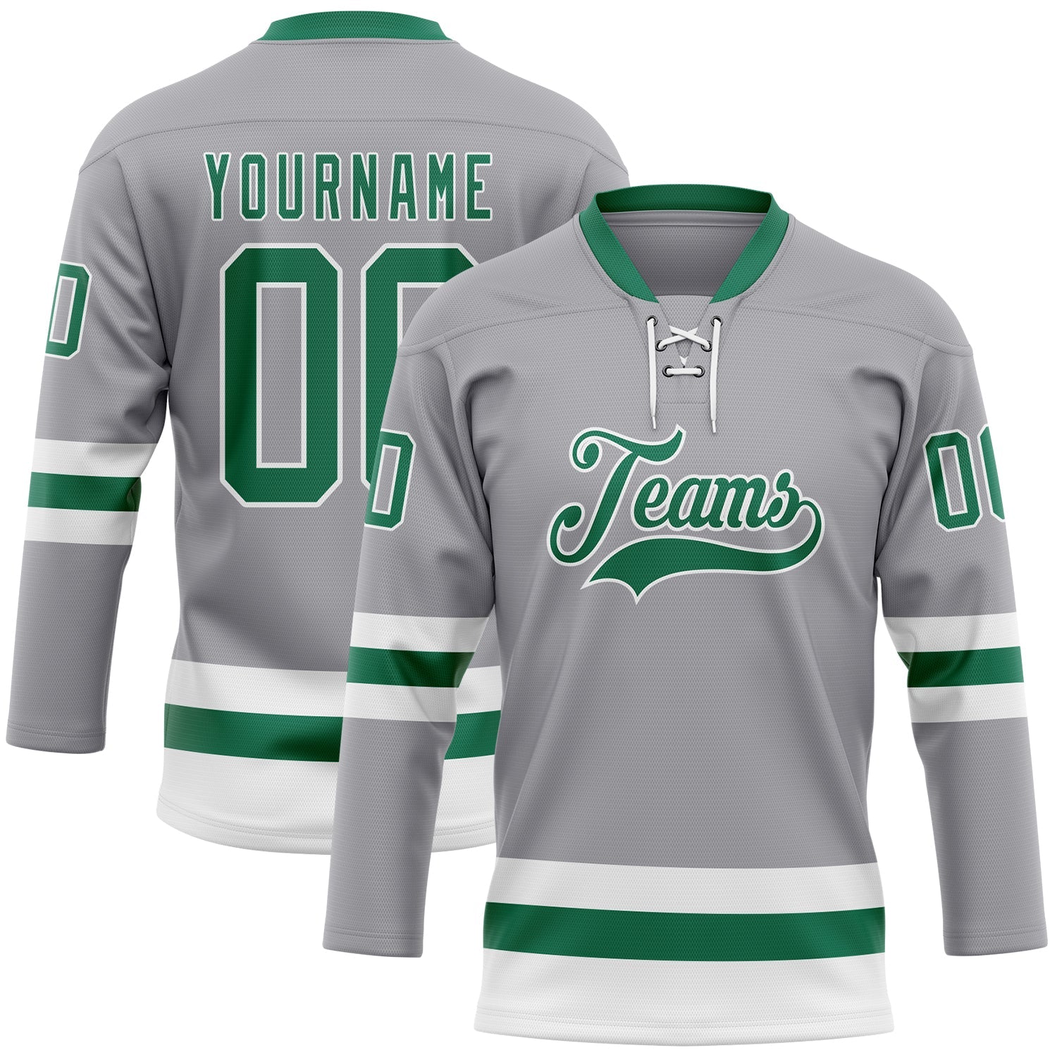 Custom Gray Kelly Green-White Hockey Lace Neck Jersey - Sky-Custom