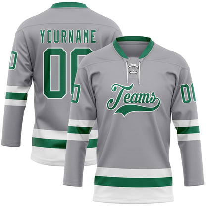 Custom Gray Kelly Green-White Hockey Lace Neck Jersey - Sky-Custom