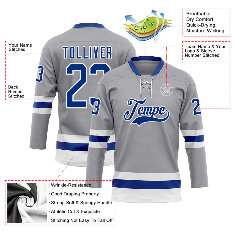 Custom Gray Royal-White Hockey Lace Neck Jersey - Sky-Custom