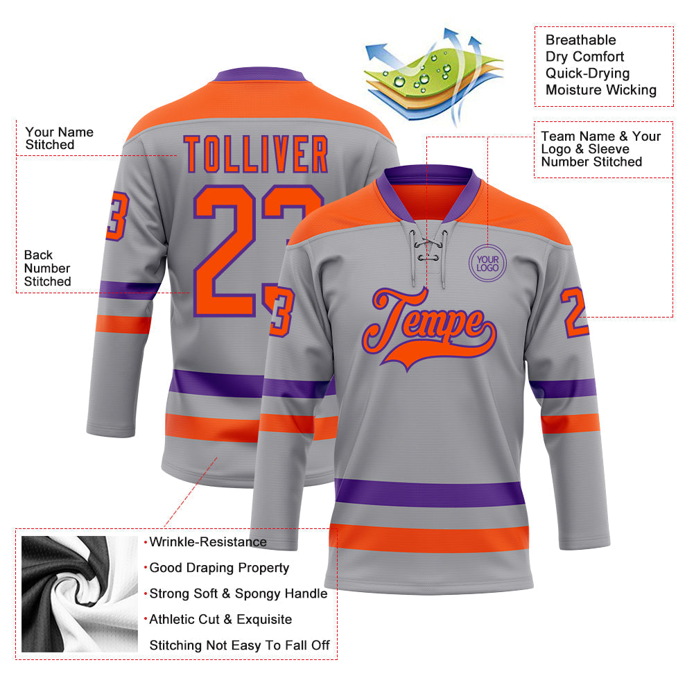Custom Gray Orange-Purple Hockey Lace Neck Jersey - Sky-Custom
