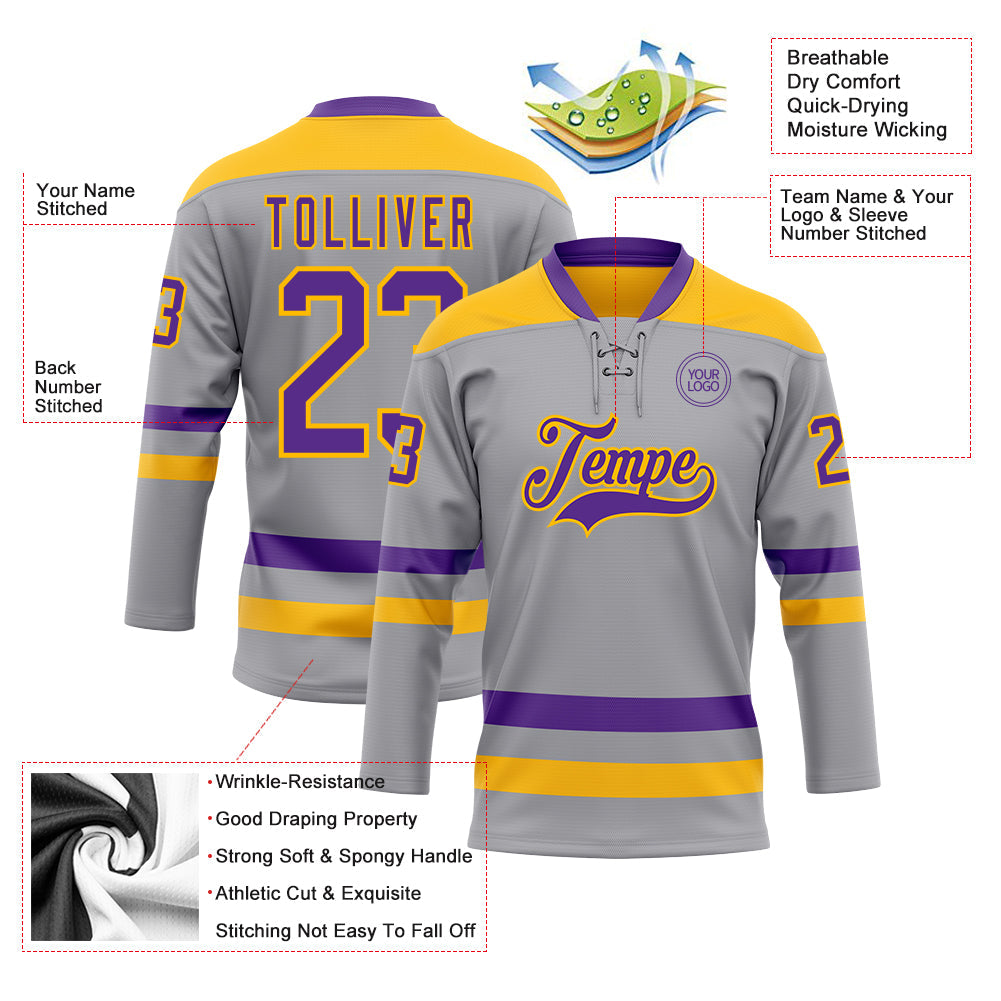 Custom Gray Purple-Gold Hockey Lace Neck Jersey - Sky-Custom