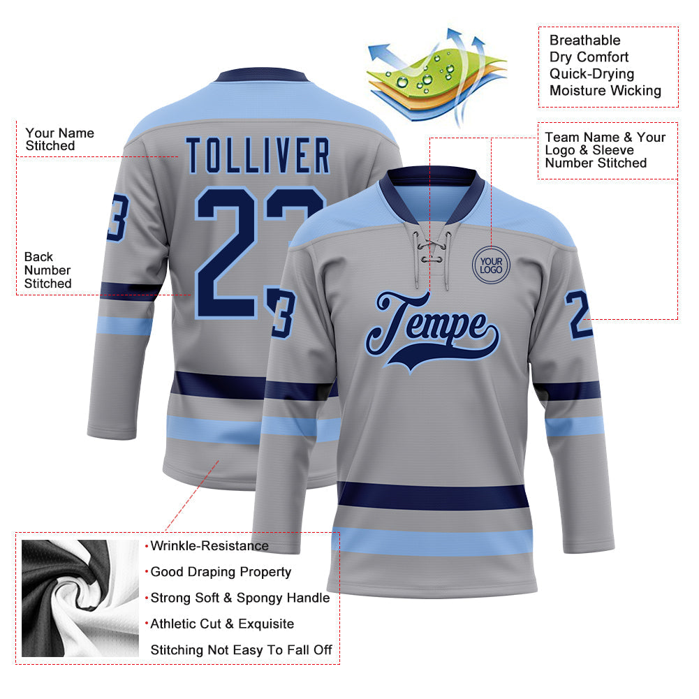 Custom Gray Navy-Light Blue Hockey Lace Neck Jersey - Sky-Custom