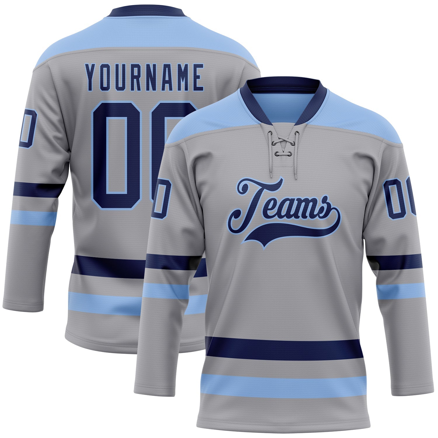 Custom Gray Navy-Light Blue Hockey Lace Neck Jersey - Sky-Custom