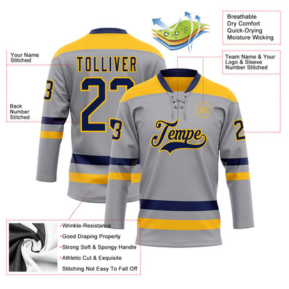 Custom Gray Navy-Gold Hockey Lace Neck Jersey - Sky-Custom