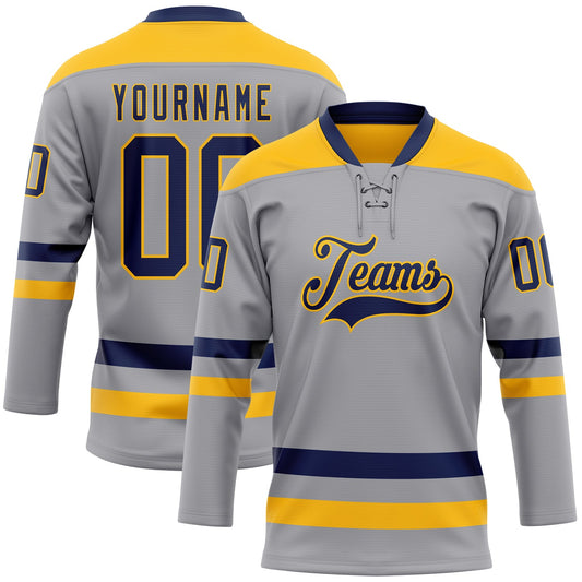 Custom Gray Navy-Gold Hockey Lace Neck Jersey - Sky-Custom