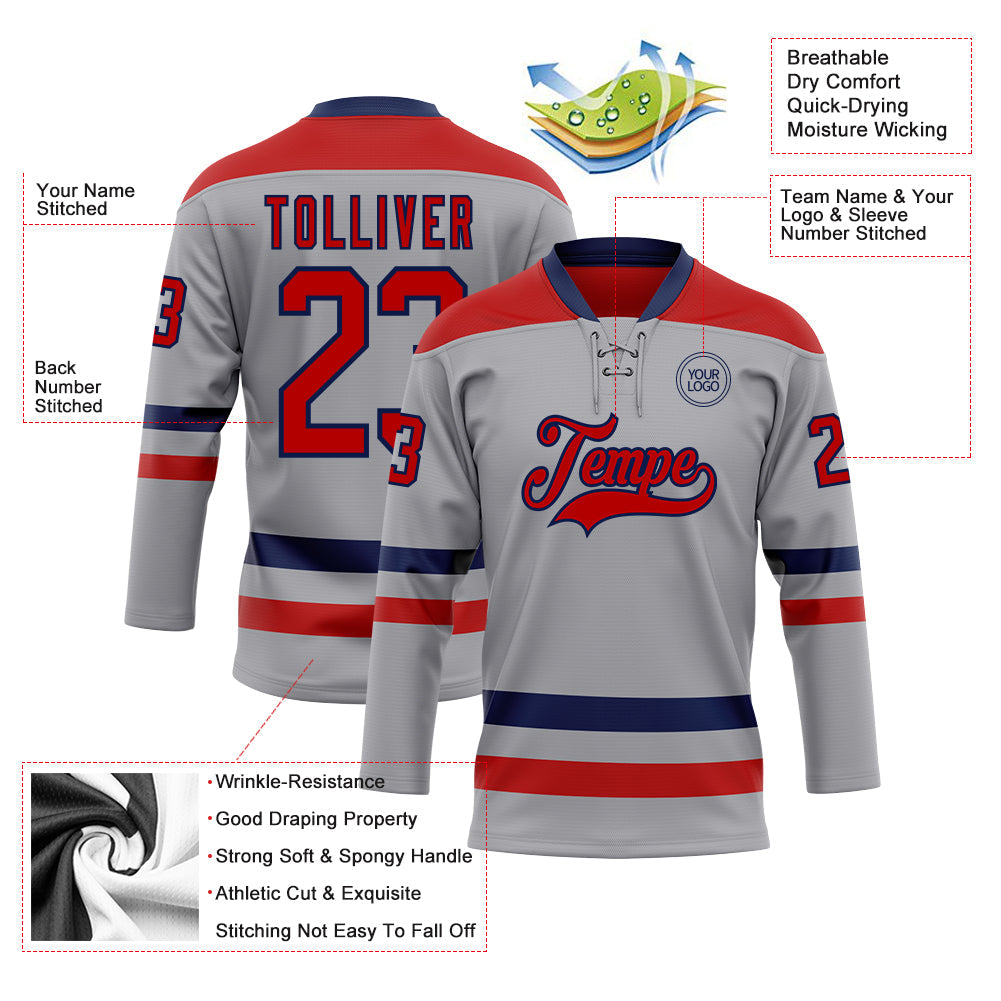Custom Gray Red-Navy Hockey Lace Neck Jersey - Sky-Custom