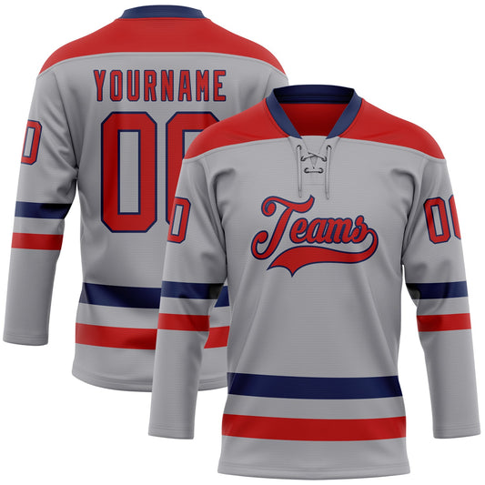 Custom Gray Red-Navy Hockey Lace Neck Jersey - Sky-Custom