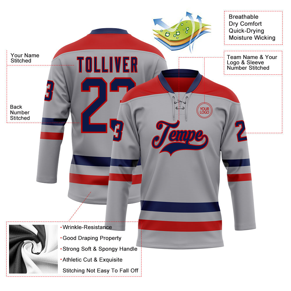 Custom Gray Navy-Red Hockey Lace Neck Jersey - Sky-Custom